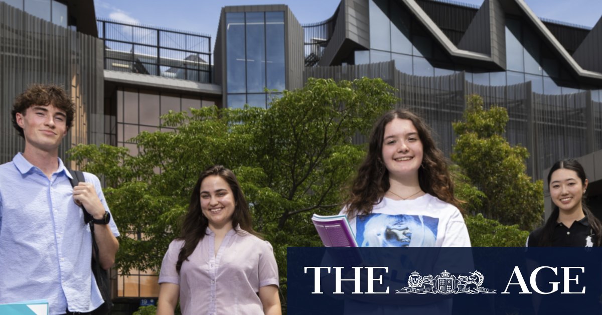 Photo of smiling students, with The Age masthead in the bottom right.
